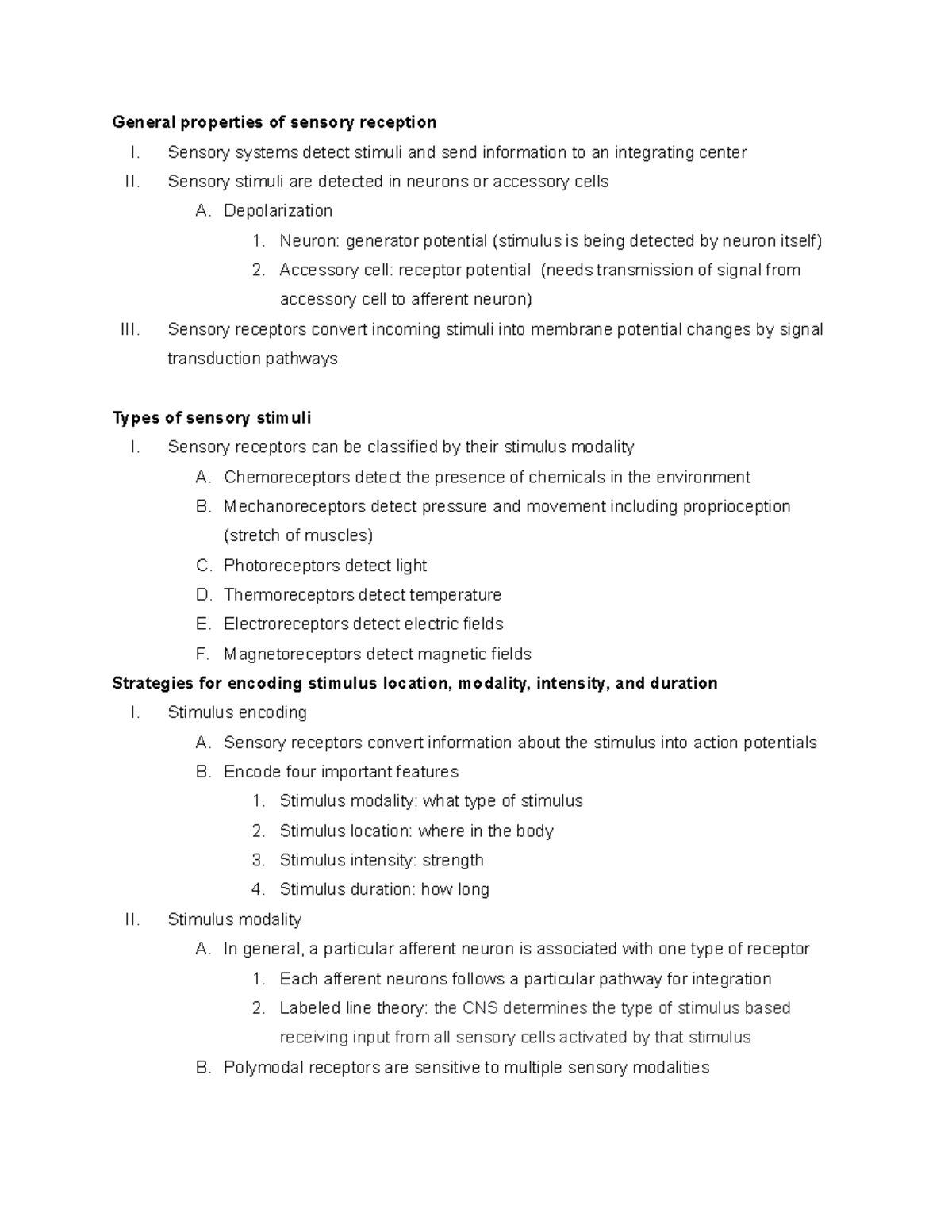 Sensory Systems Study Guide - General properties of sensory reception I ...