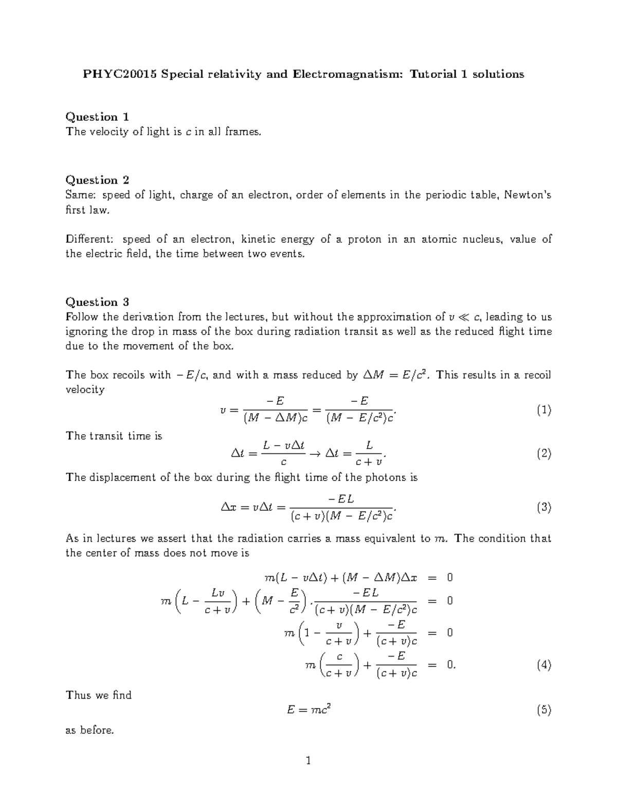 Solutions: Special Relativity Tutorial #1, Semester 2, 2021 - PHYC20015 ...