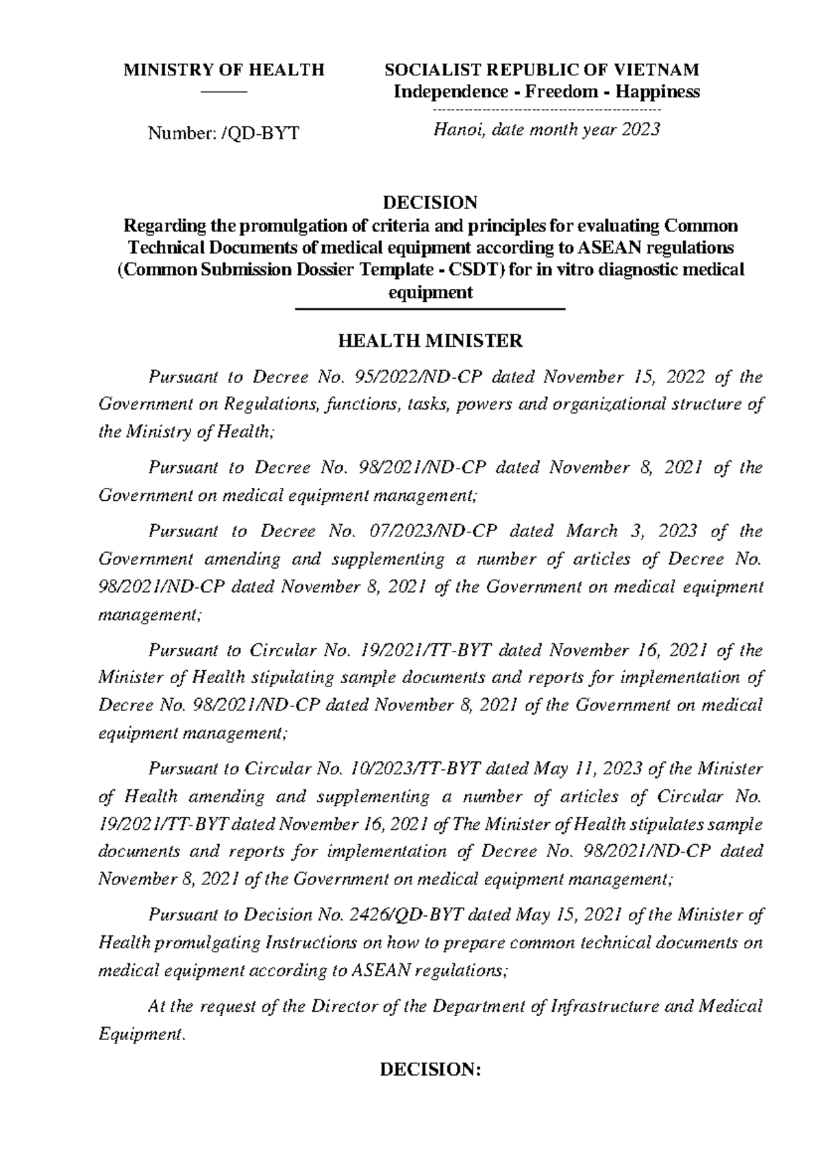 CSDT draft English compressed - MINISTRY OF HEALTH ________ Number: /QD ...