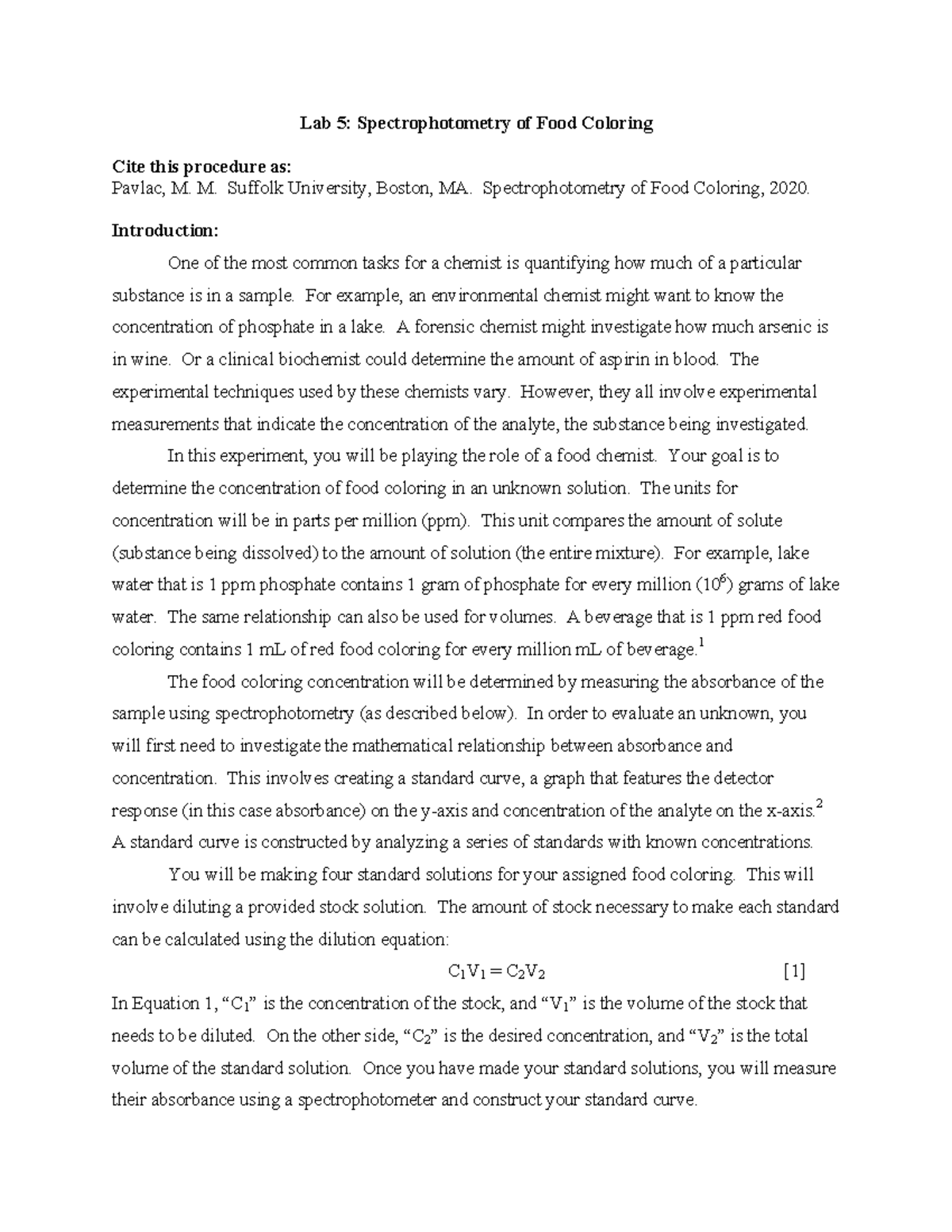 5 Spectrophotometry Handout - Lab 5: Spectrophotometry of Food Coloring ...