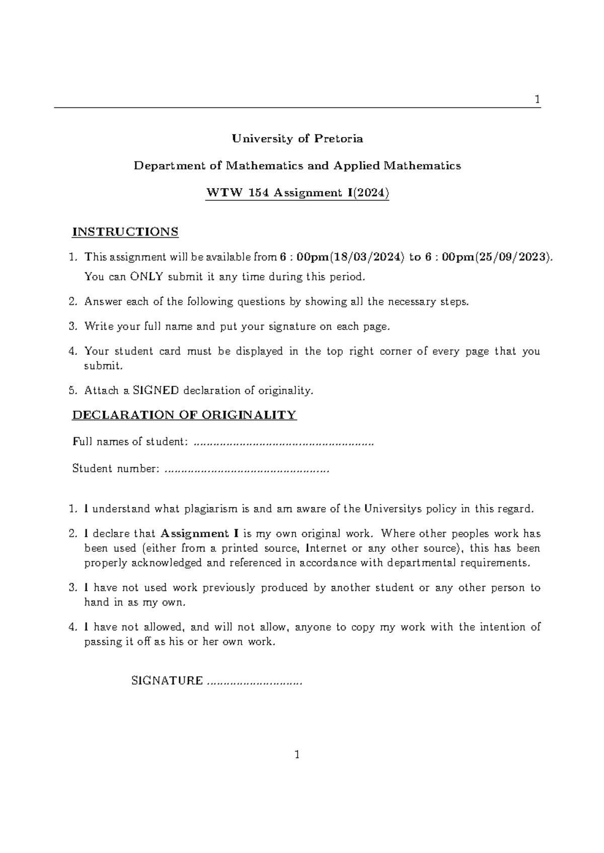Wtw 154 assignment i 2024 1 university of pretoria department of
