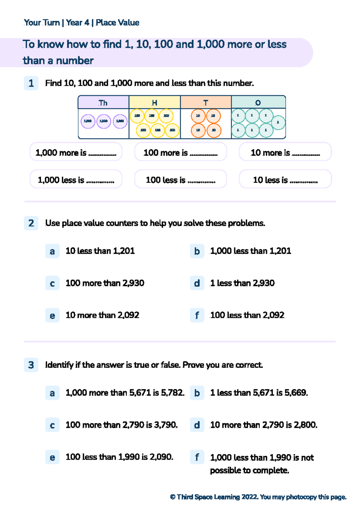 8. Y4 Worksheet 1, 10, 100 and 1,000 more or less - ! ! ! ! - Studocu