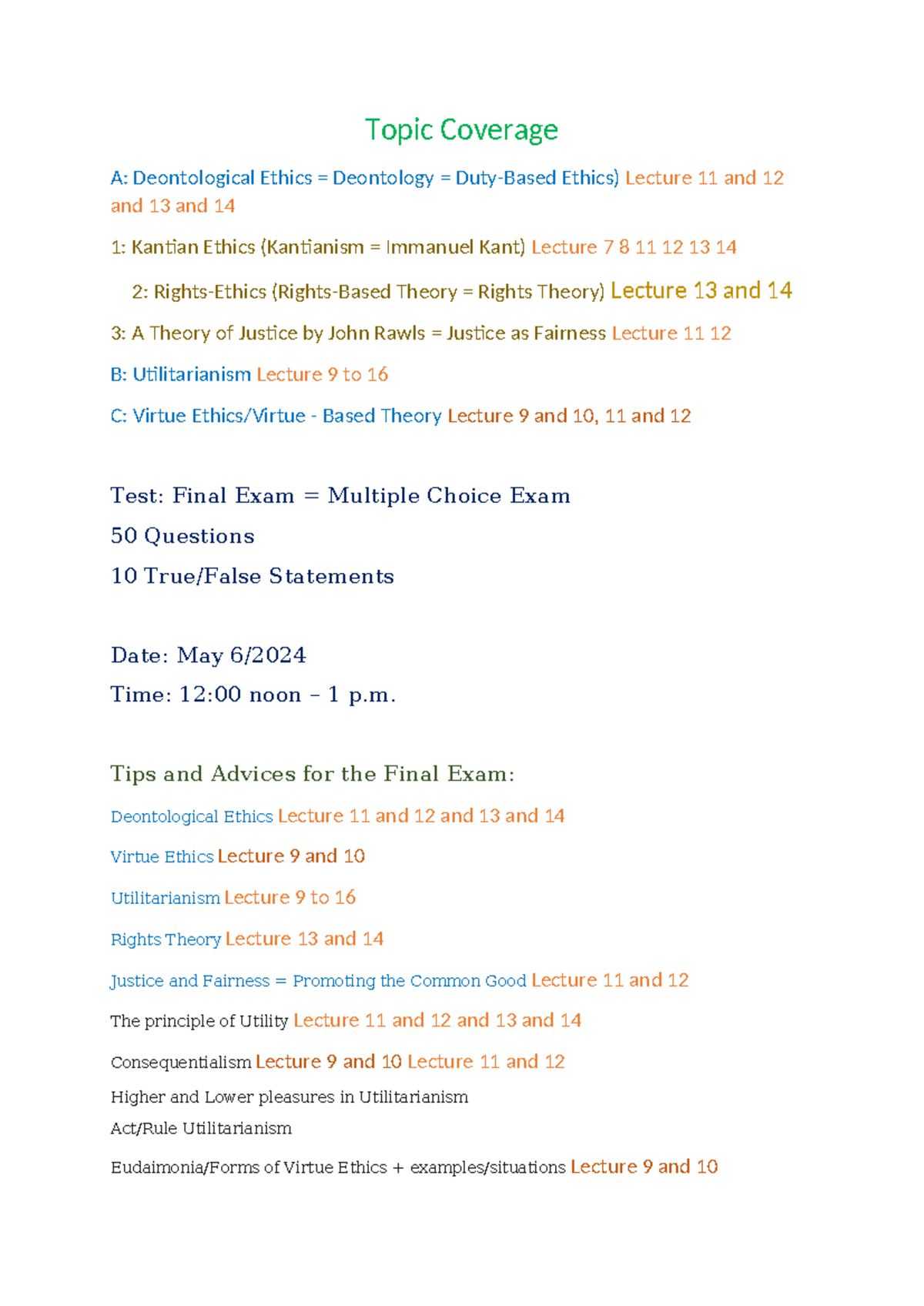 GEC Ethics - Final Exam - Topic Coverage - Topic Coverage A ...