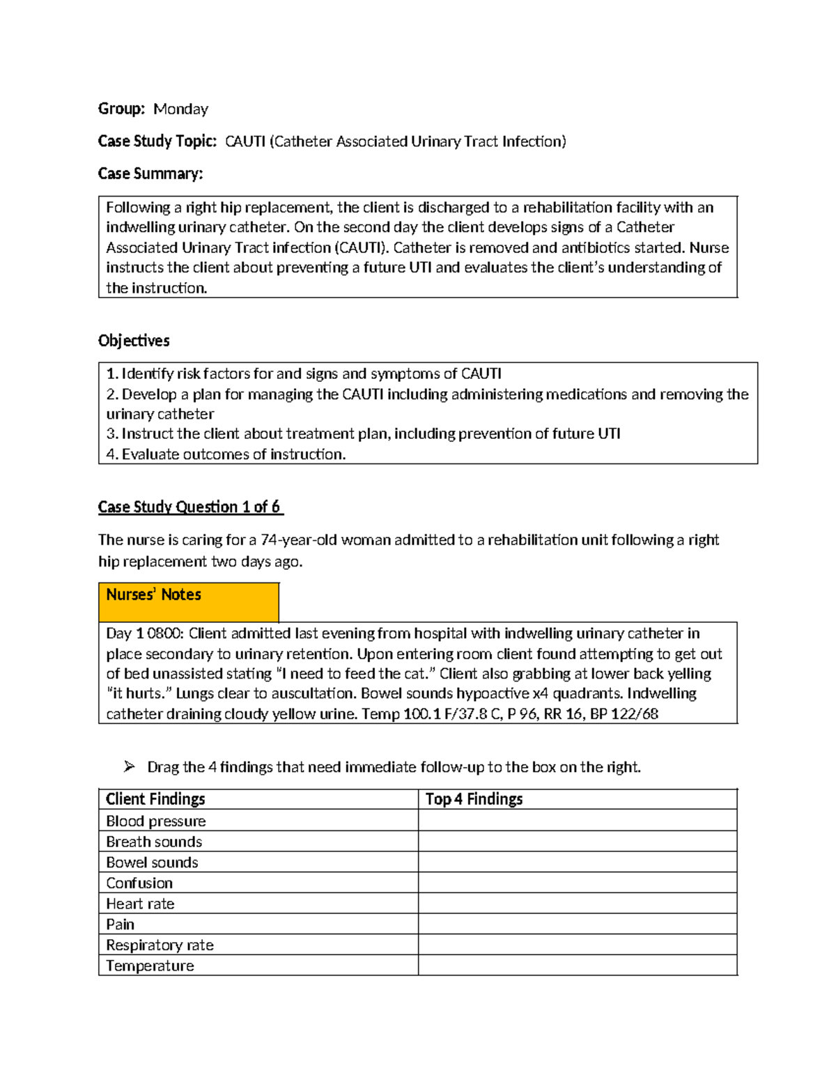 Fundamentals C Cauti Group Monday Case Study Topic CAUTI (Catheter