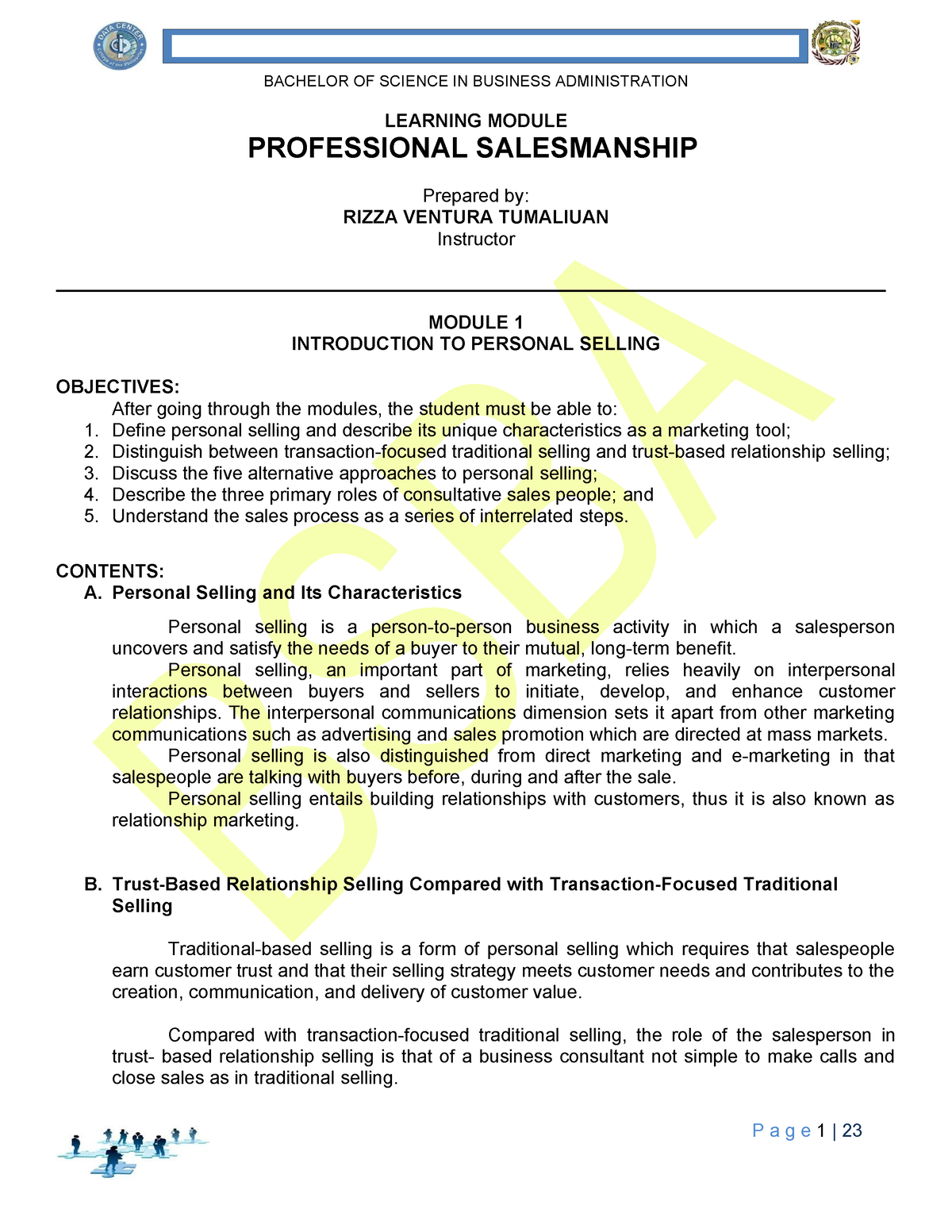 Professional-Salesmanship - BACHELOR OF SCIENCE IN BUSINESS ...