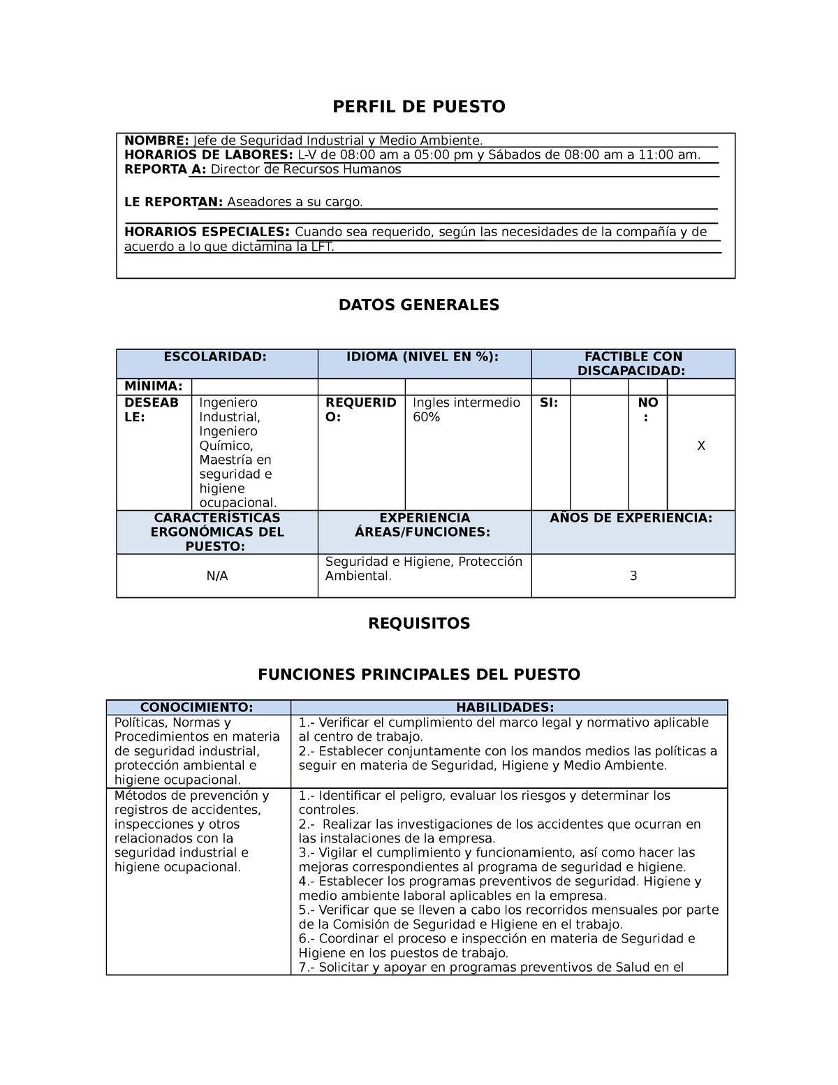 Perfil De Puesto Seguridad E Higiene Industrial Perfi 8325