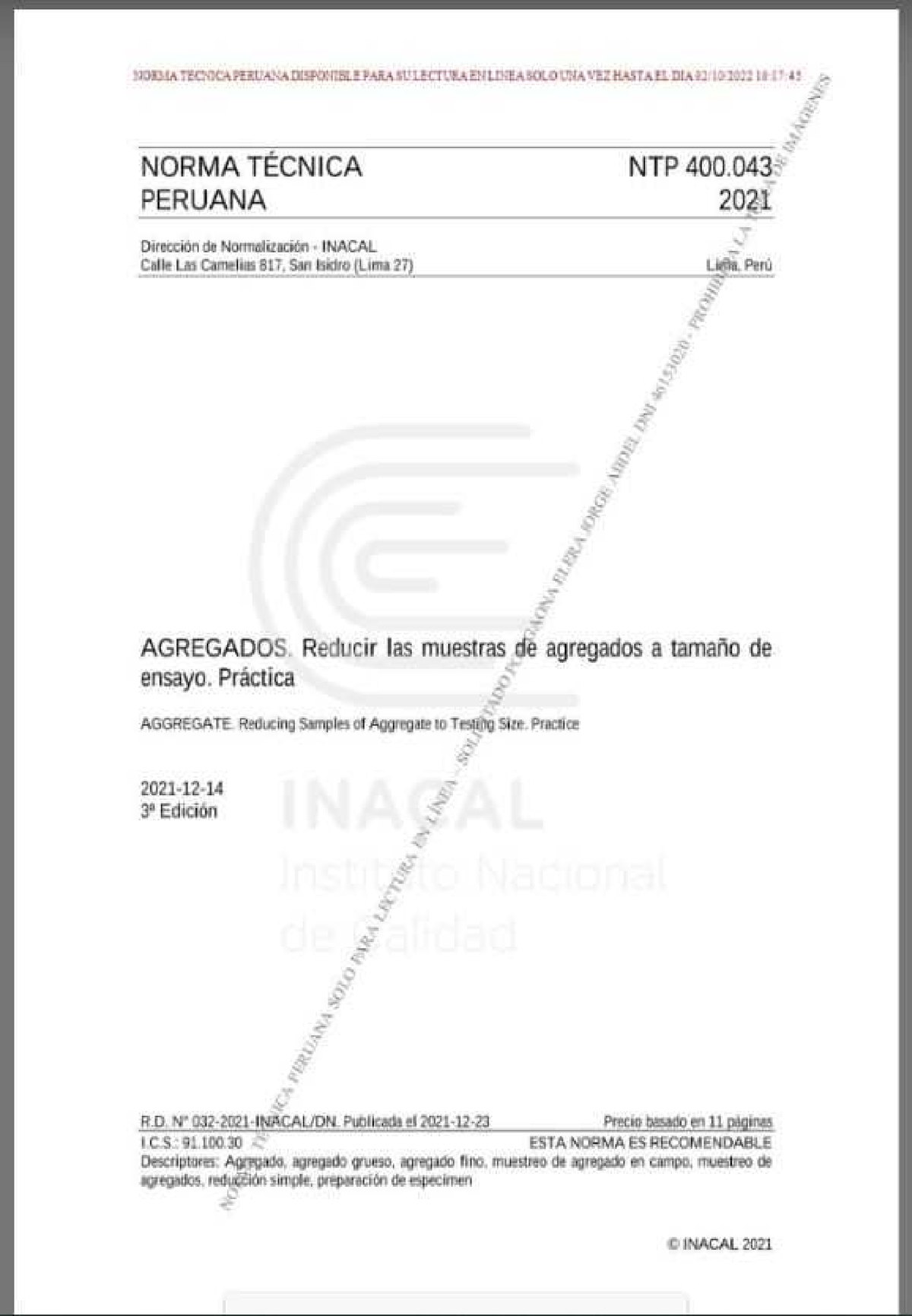 NTP 400.043 ( Reducir Muestras DE Agregados A Tamaño DE Ensayo ...