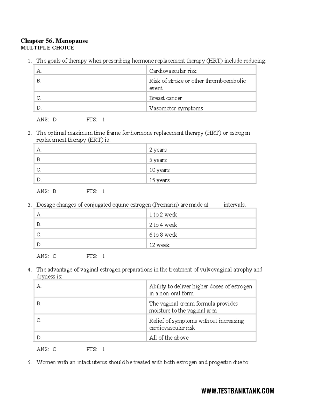 Ch56 - Test Bank - Chapter 56. Menopause MULTIPLE CHOICE The goals of ...