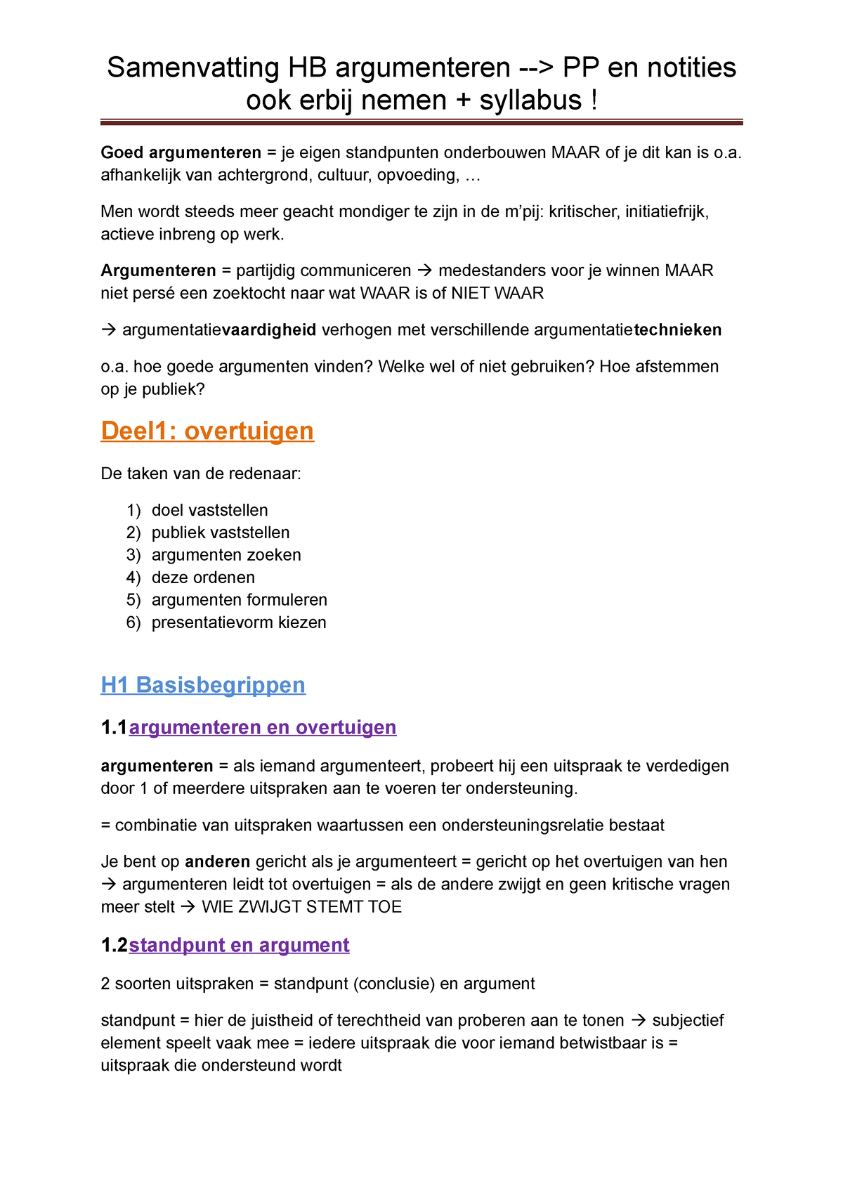 Hb Argumenteren Samenv - Ook Erbij Nemen + Syllabus! Goed Argumenteren ...