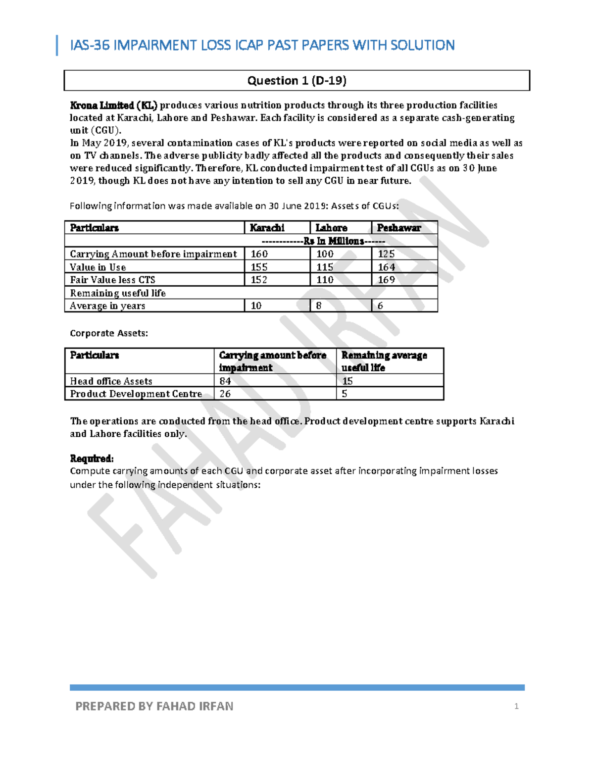 AAFR IAS 36 ICAP PAST Papers WITH Solution - Question 1 (D-19) Krona ...