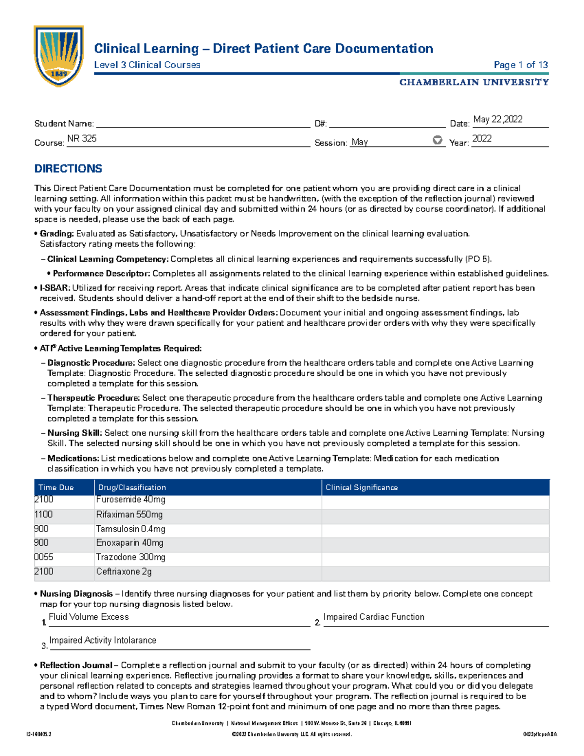 WEEK 3 Clinical paperwork - Chamberlain University | National