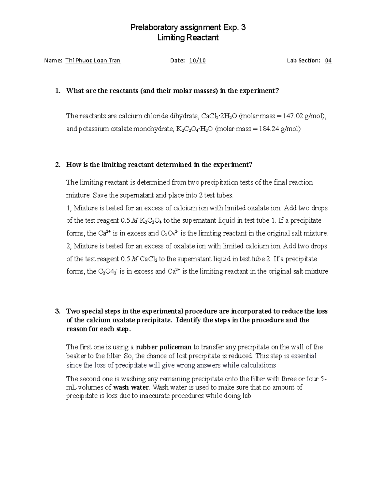 Limiting reactant prelab - Prelaboratory assignment Exp. 3 Limiting ...