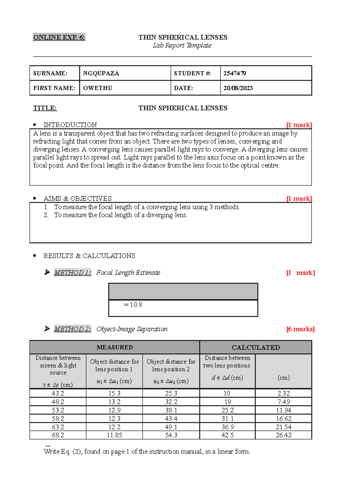 Experiment 06 assignment ONLINE EXP. 6 THIN SPHERICAL LENSES Lab