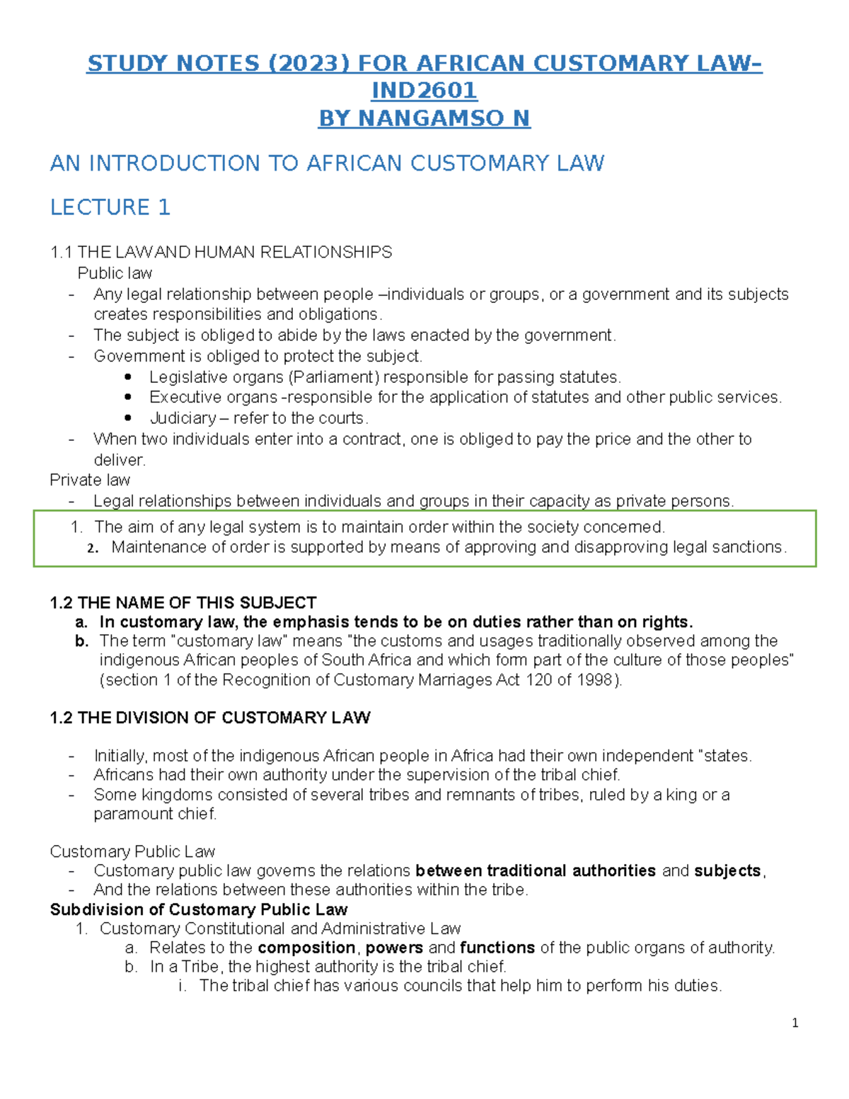 African Customary Law Notes Study Notes For African Customary