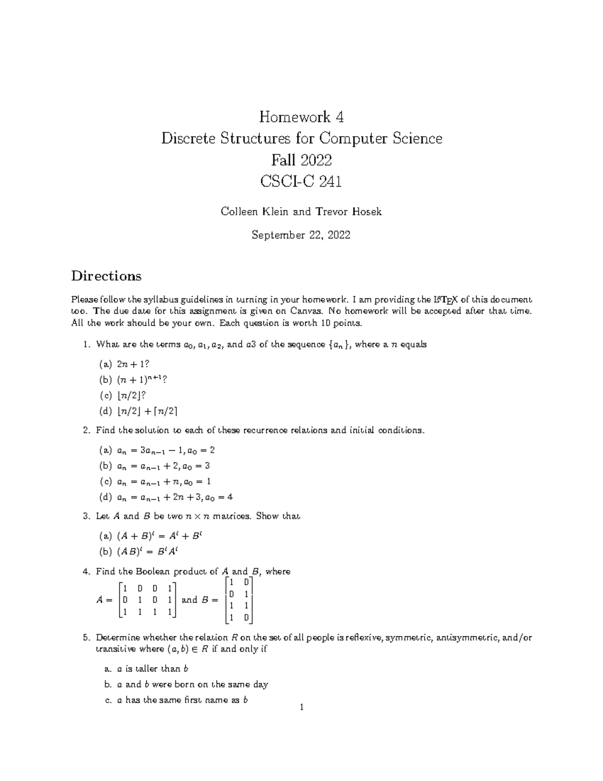 Fall22 C241 Hw4 - Chapter 4 Homework - Homework 4 Discrete Structures ...