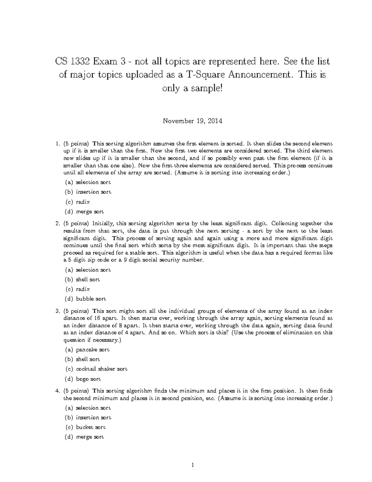 Exam 3 Practice Problems Fa14 Cs 1332 Exam 3 Not All Topics Are Represented Here See The Exam 3 Practice Problems Fa14 Cs 1332 Exam 3 Not All Topics Are Represented Here See The