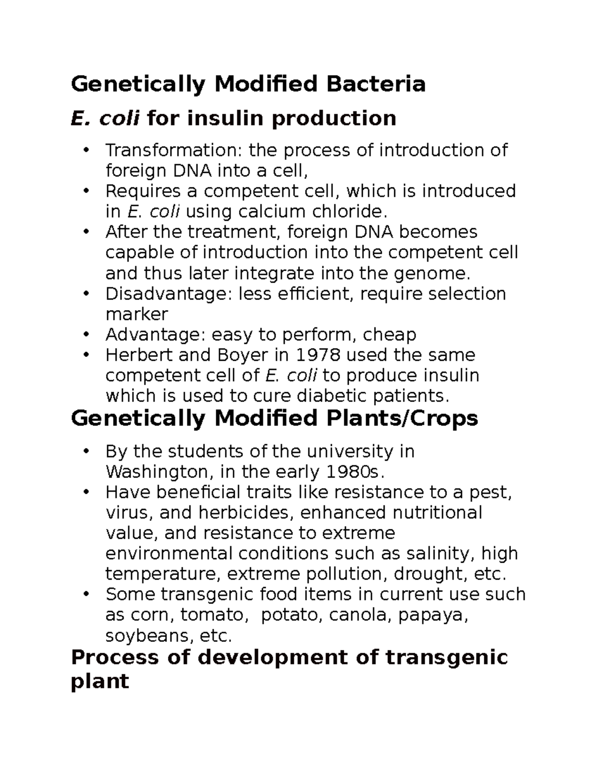 Bio 47 Notes Modified Bacteria E. coli for insulin