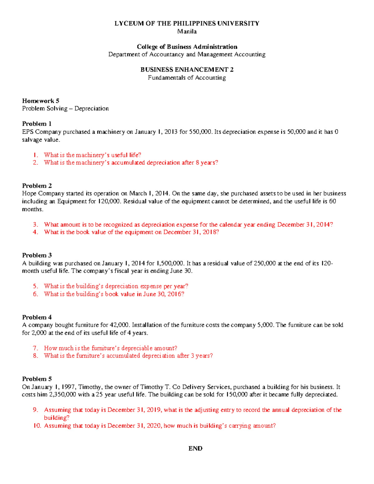 Homework 5 Problem Solving Depreciation Accounting Fundamentals
