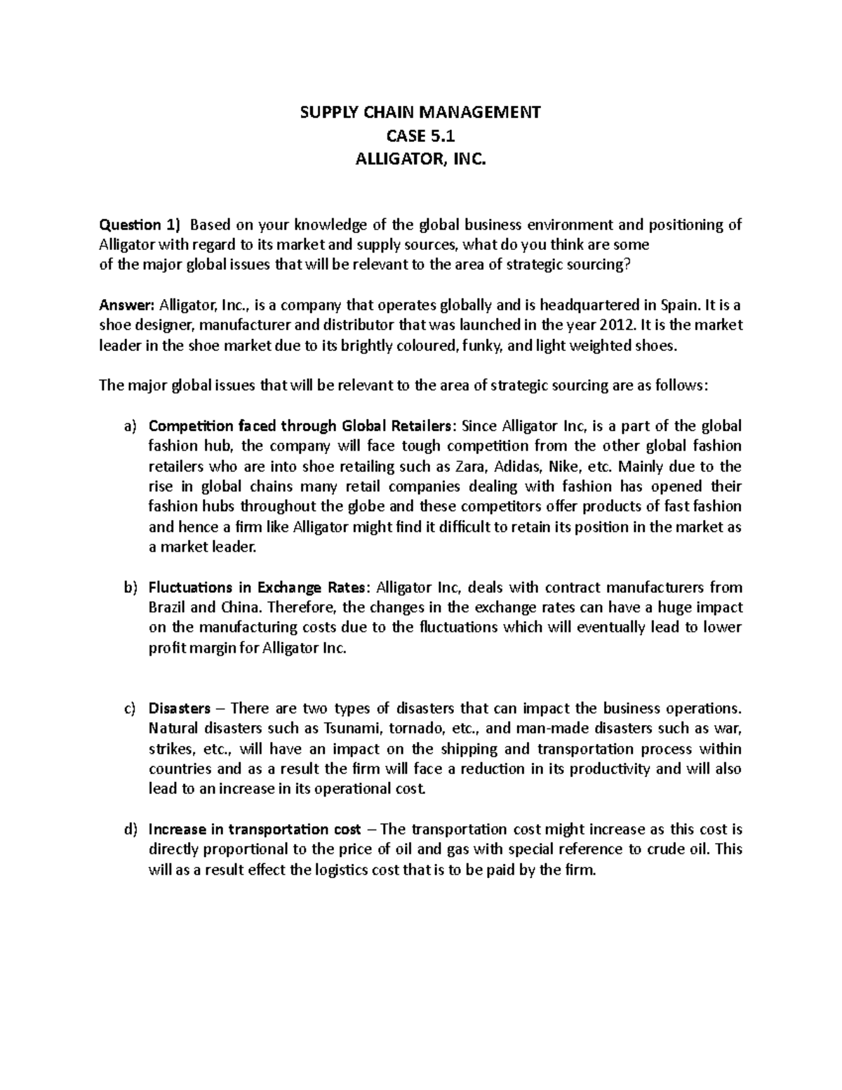 Case study 5.1 SUPPLY CHAIN MANAGEMENT CASE 5. ALLIGATOR, INC