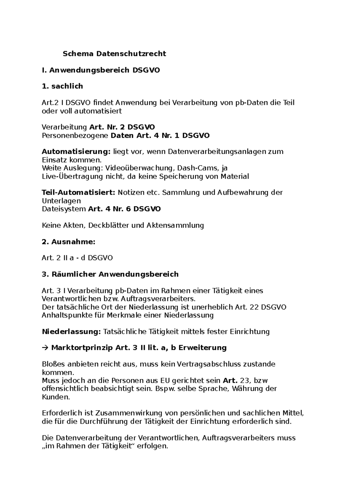 Schema Datenschutzrecht - Anwendungsbereich DSGVO 1. Sachlich Art I ...