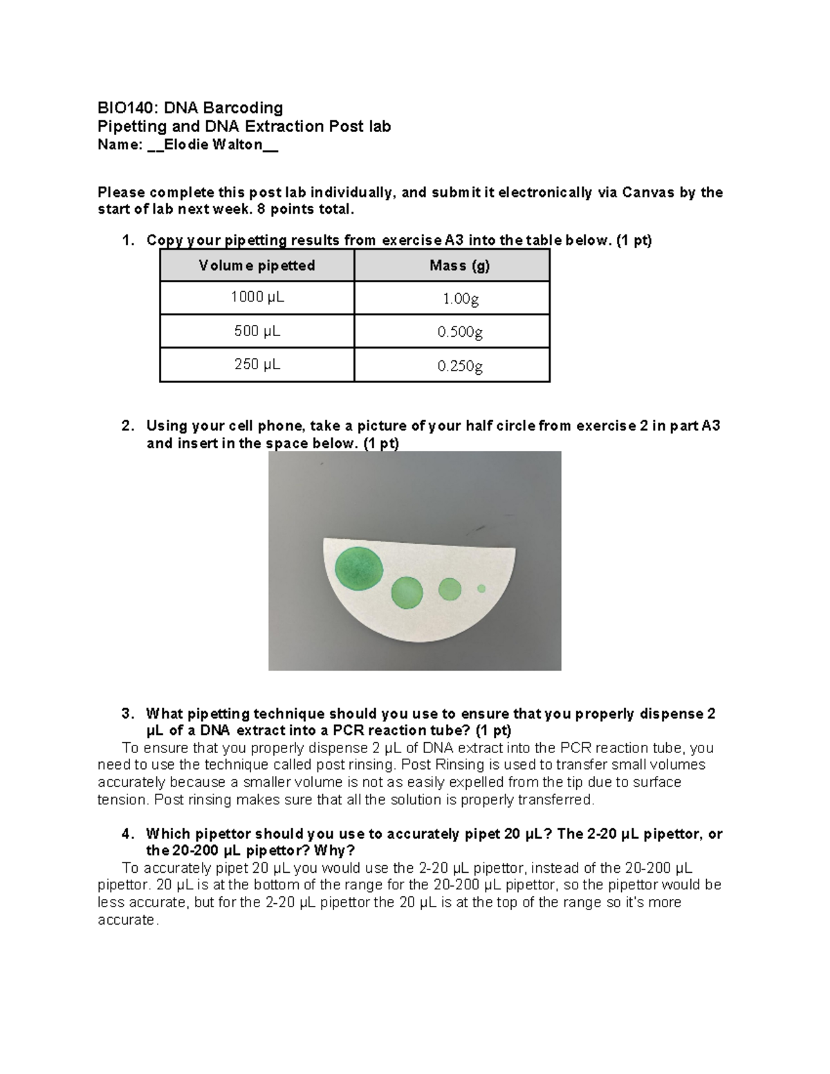 Pipetting Postlab - lab report - BIO140: DNA Barcoding Pipetting and ...