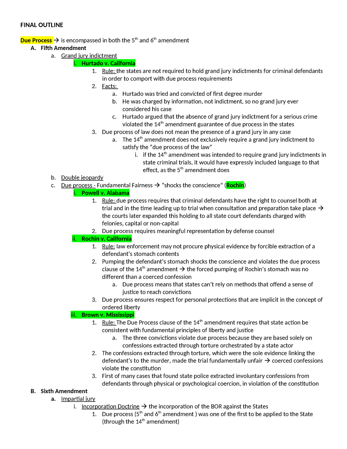 Crim Pro Outline - FINAL OUTLINE Due Process is encompassed in both the ...