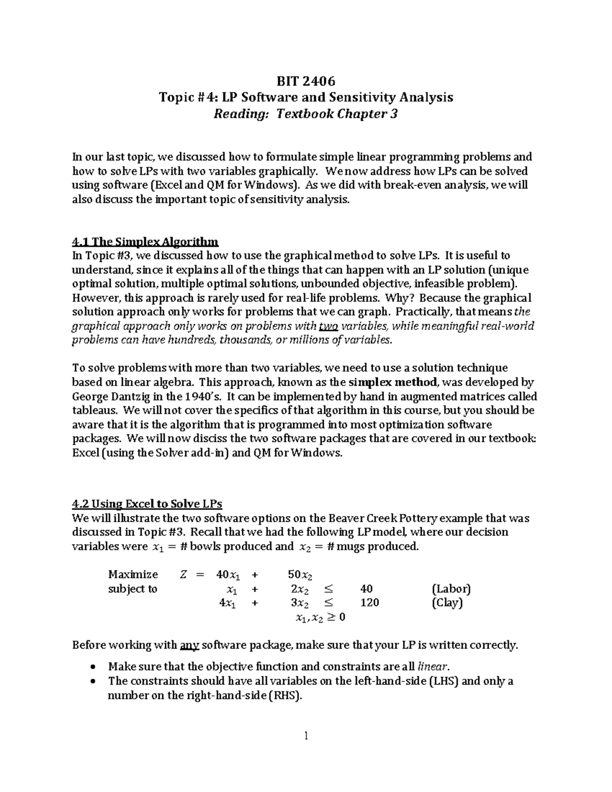 Topic 4 - LP Software And Sensitivity Analysis - BIT 2406 Topic #4: LP ...