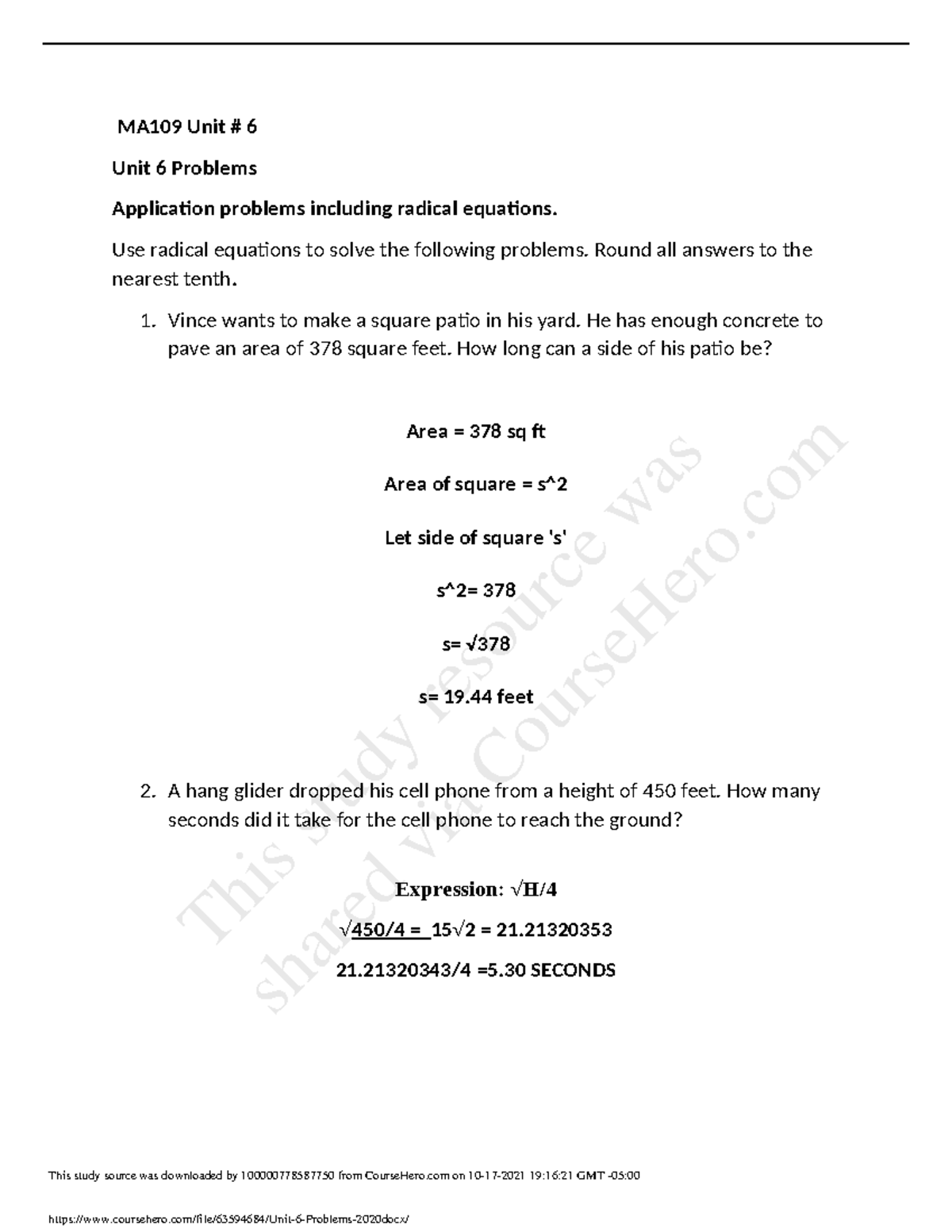 Unit 6 Problems 2020 - I DONT KNOW - MA109 Unit # 6 Unit 6 Problems ...