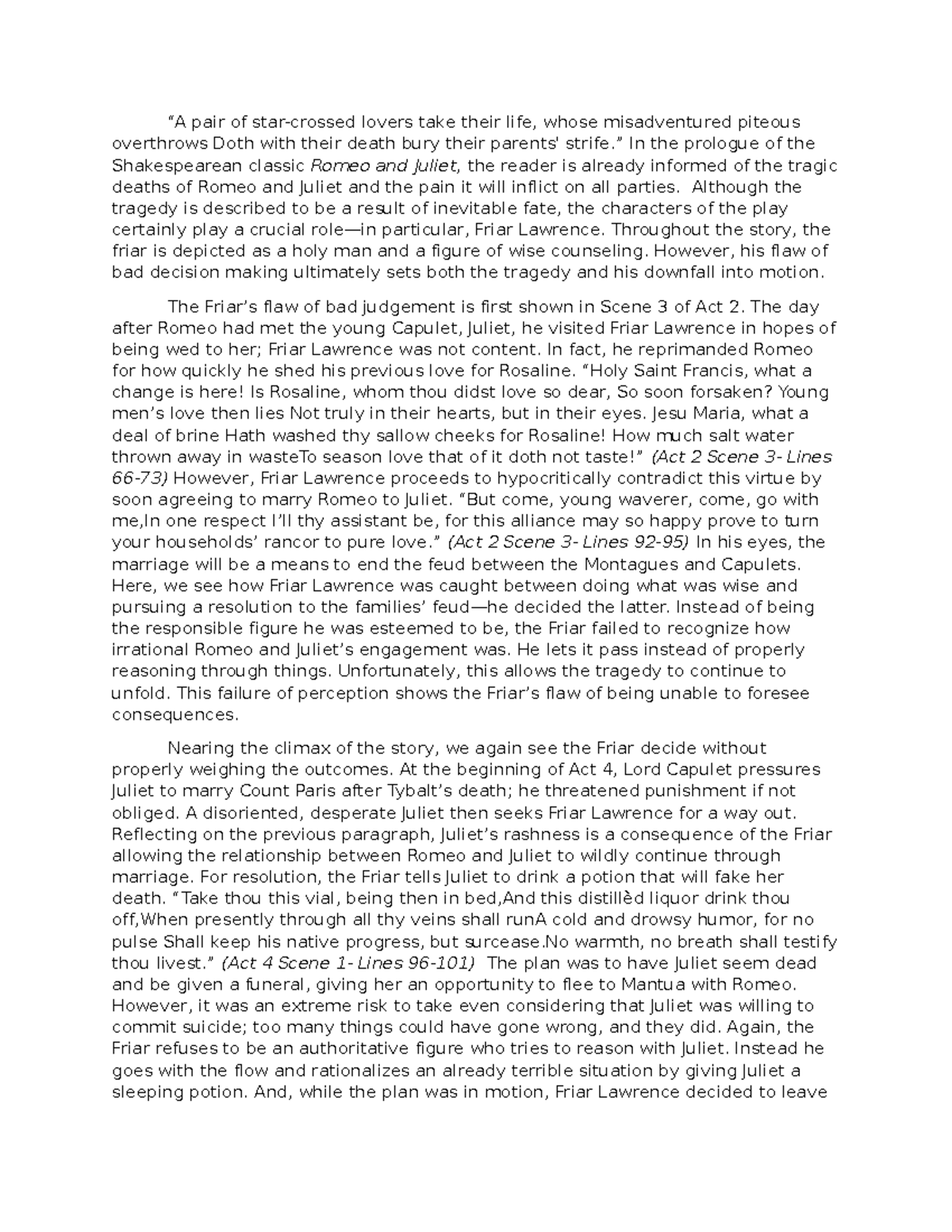 Romeo and Juliet Essay - “A pair of star-crossed lovers take their life ...