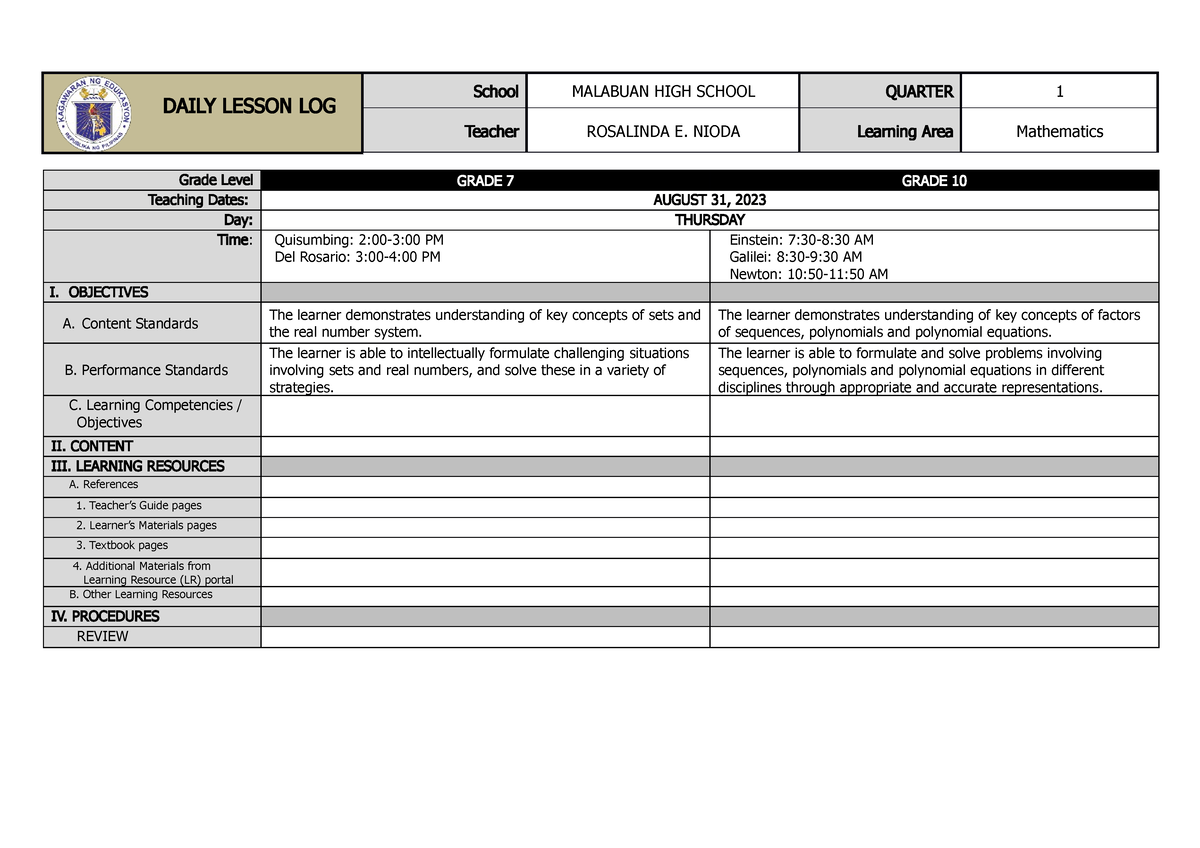 DAY Template - DAILY LESSON LOG School MALABUAN HIGH SCHOOL QUARTER 1 ...