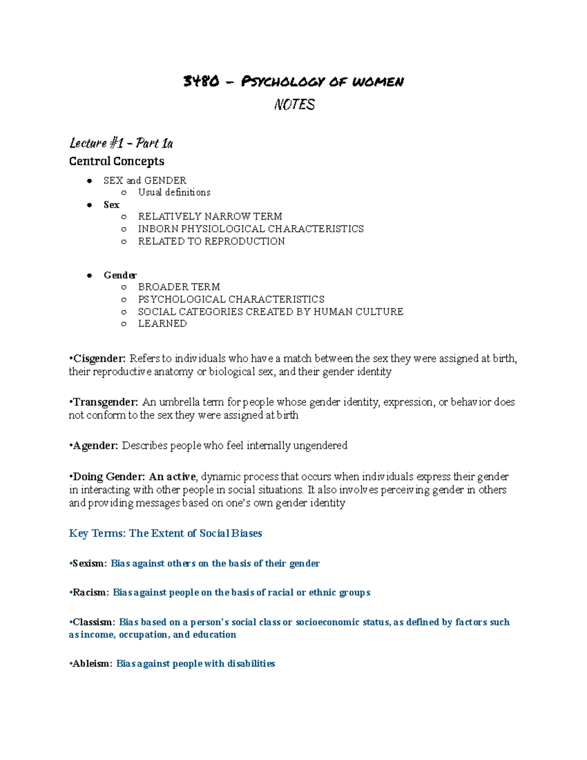 Chapter 1 notes - 3480 - Psychology of women NOTES Lecture #1 - Part 1a ...