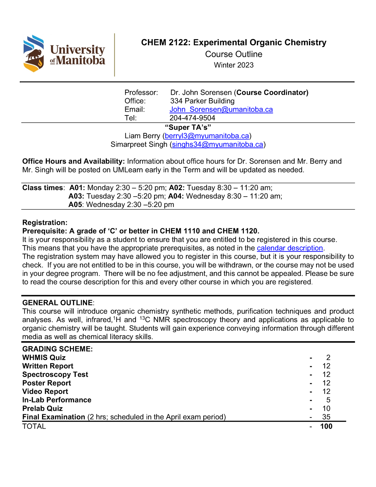 Chem 2122 Winter Outline CHEM 2122 Experimental Organic Chemistry