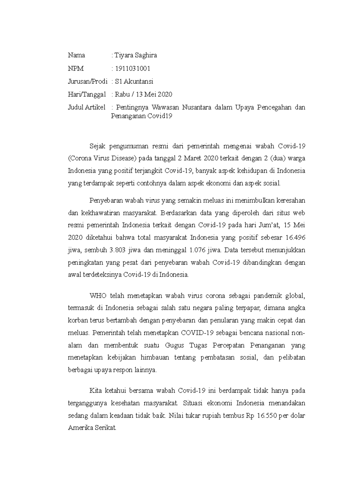 Tiyara Saghira 1911031001 Artikel Wawasan Nusantara - Nama : Tiyara ...