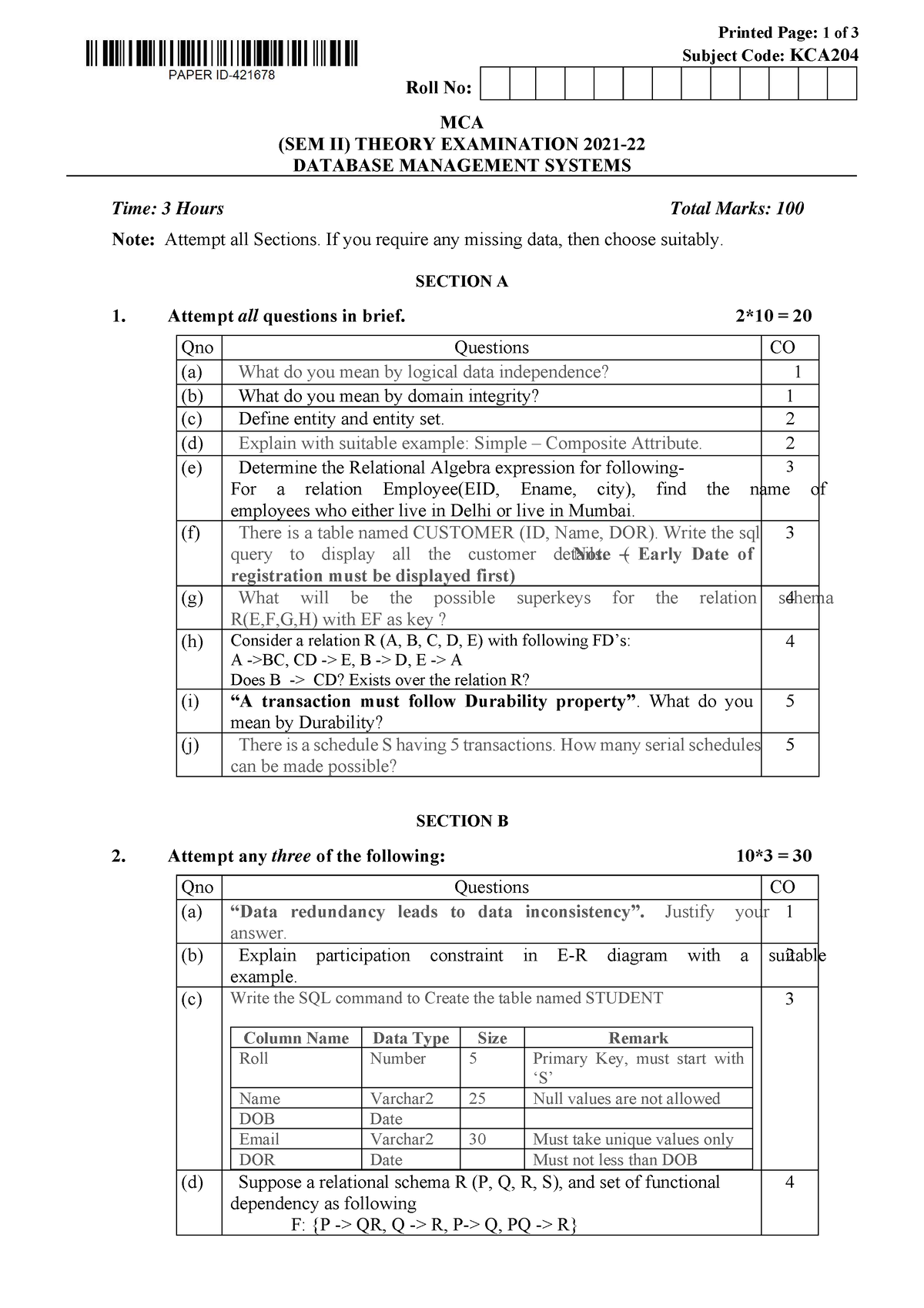 Mca 2 sem database management systems kca204 2022 - Printed Page: 1 of ...