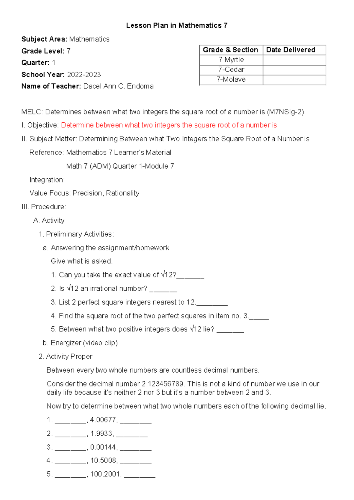 mathematics lesson plan - Lesson Plan in Mathematics 7 Subject Area ...