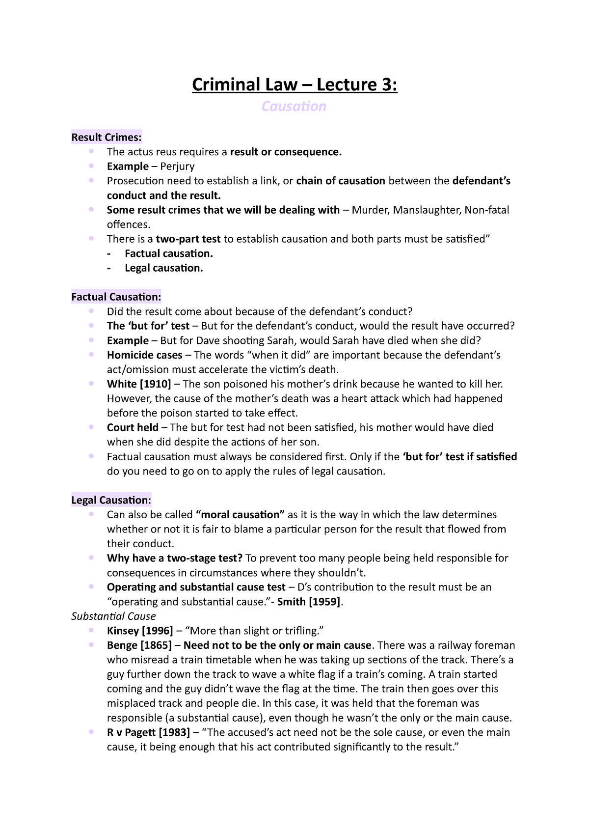 Lecture 3 - Causation - Criminal Law – Lecture 3: Causation Result ...