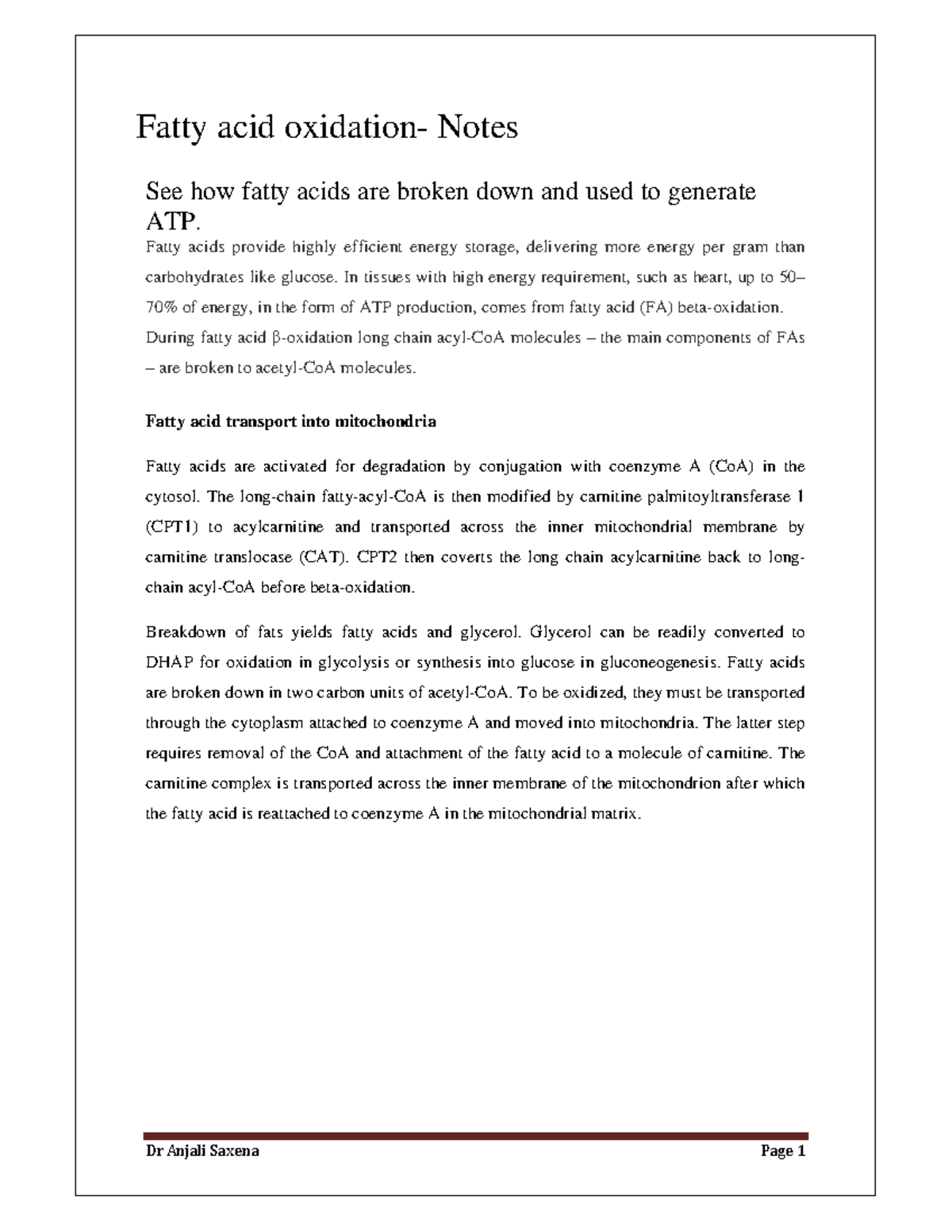 Biochem BETA Oxidation Notes 1 Fatty acid oxidation Notes See how
