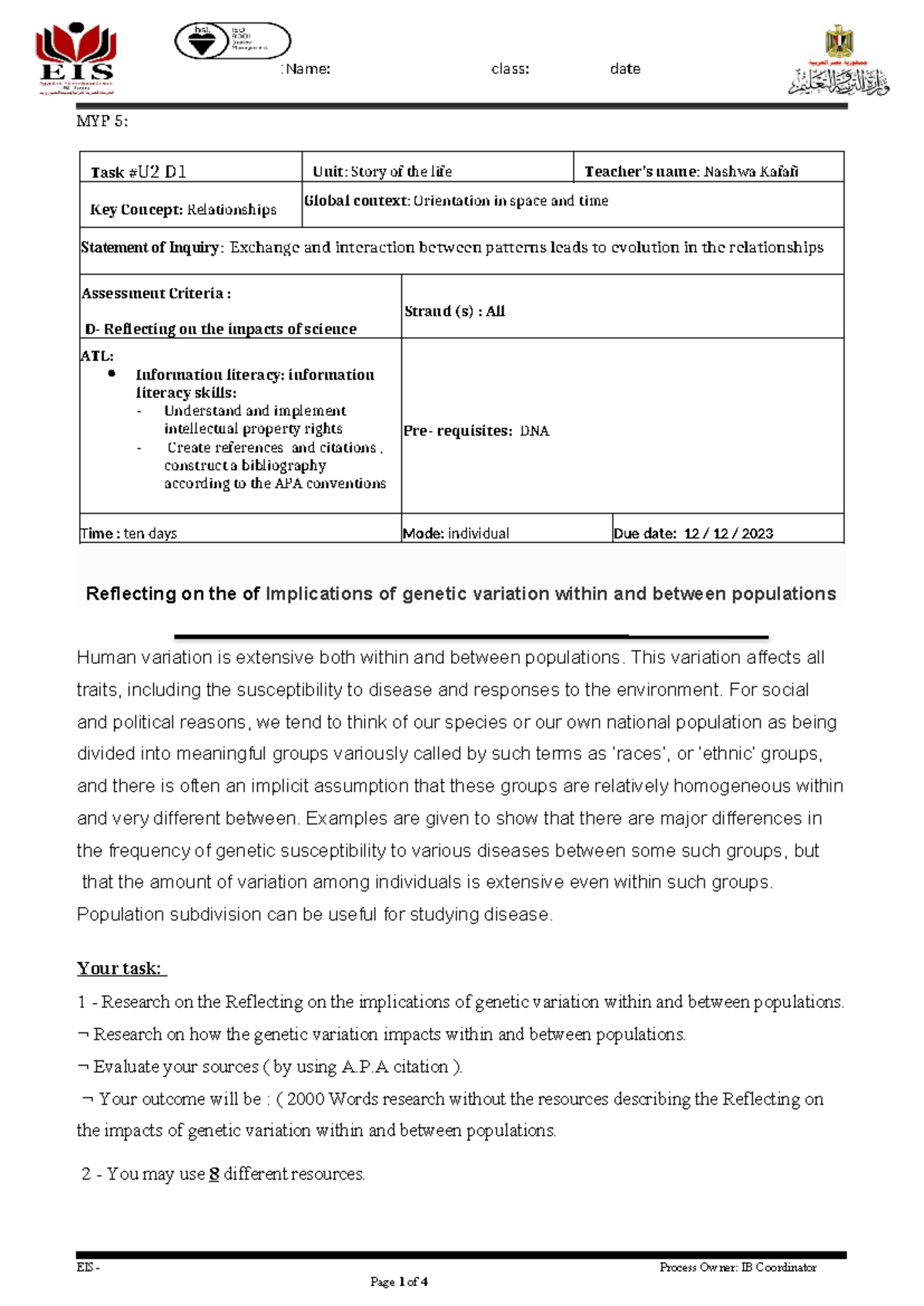 Criterion D variations - :Name: class: date MYP 5: Task #U2 D1 Unit ...