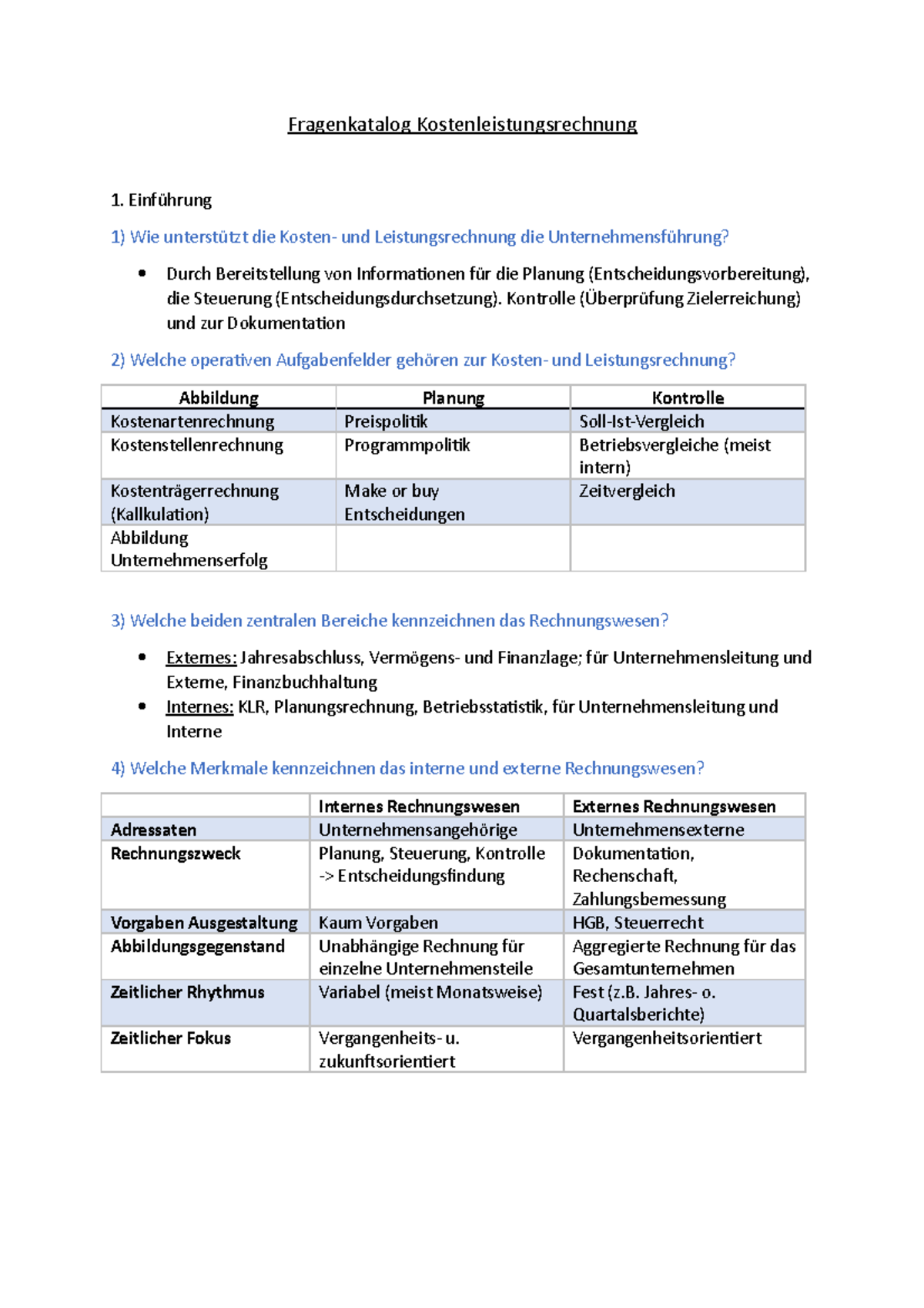 Fragenkatalog Kostenleistungsrechnung - Fragenkatalog