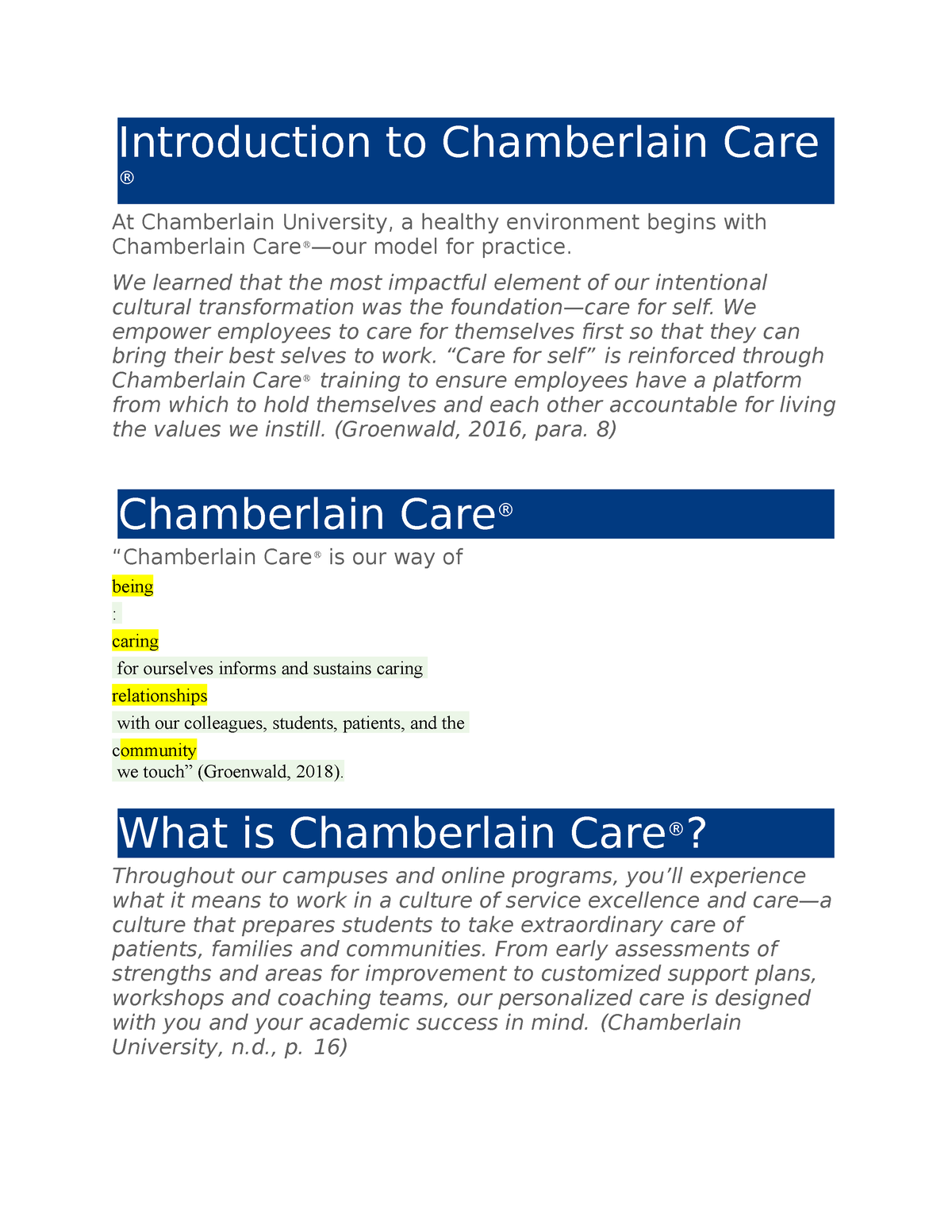 Week 1 Edapt Notes - Introduction To Chamberlain Care ® At Chamberlain ...