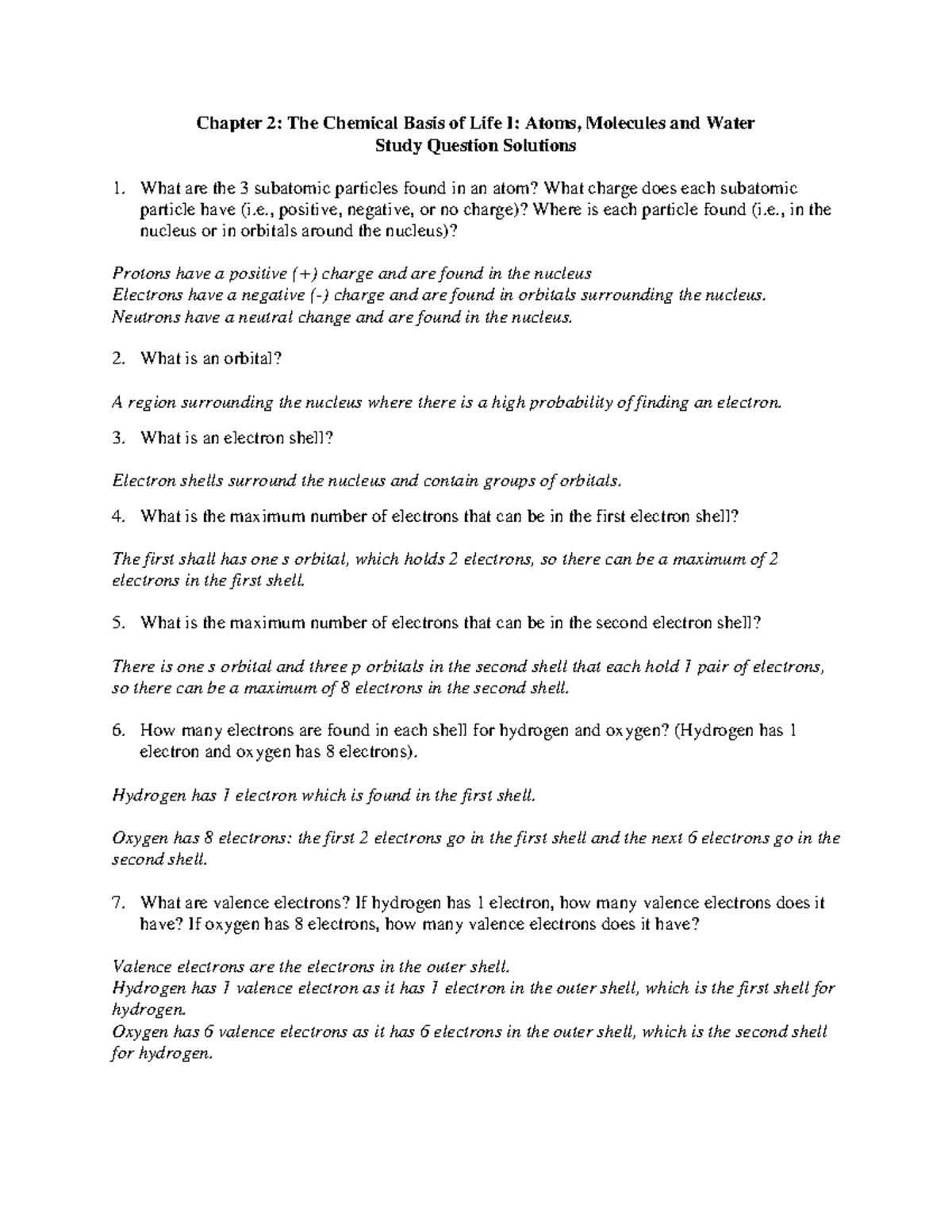Bio notes chapter 2 - Chapter 2: The Chemical Basis of Life I: Atoms ...