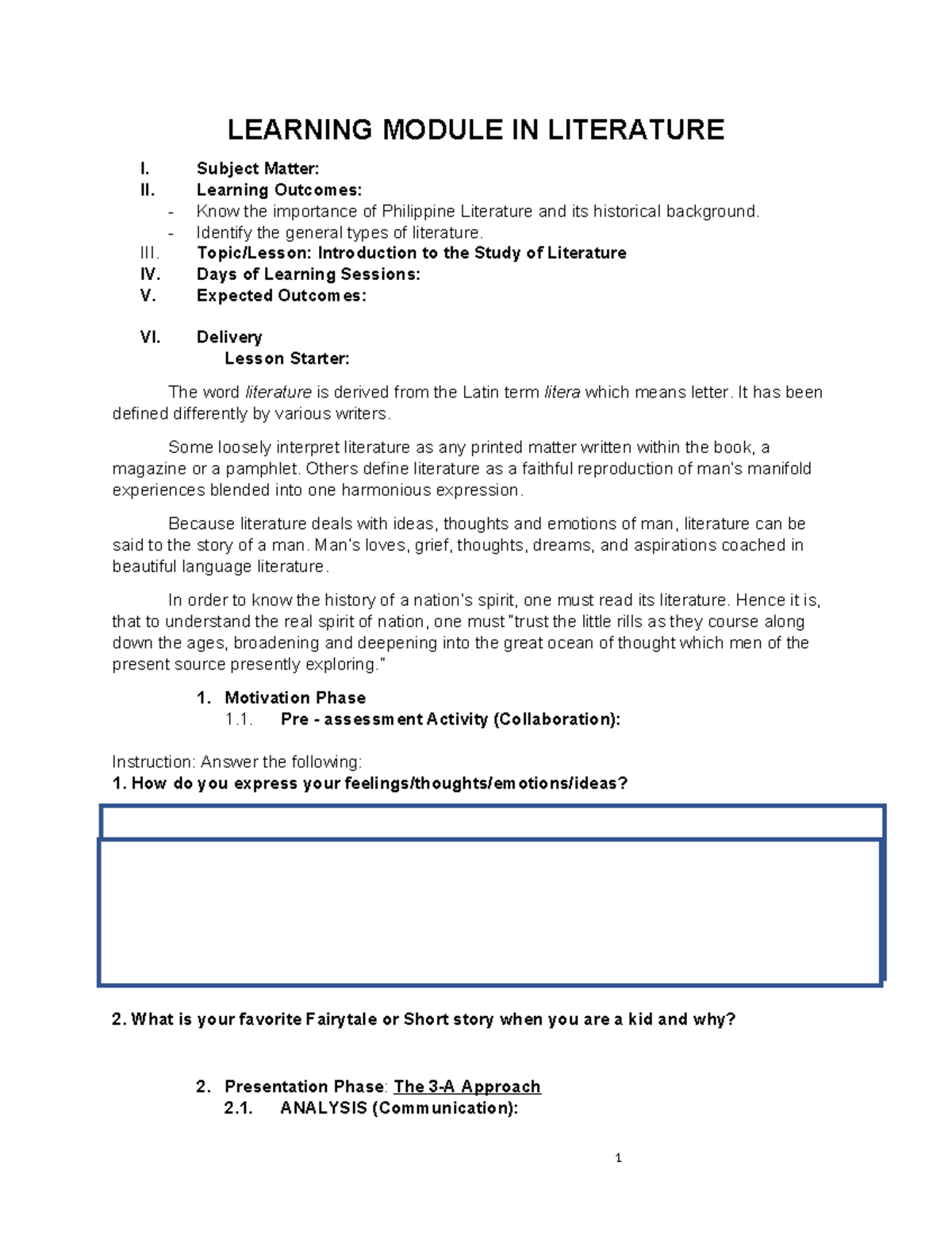 Learning-m Odule - LEARNING MODULE IN LITERATURE I. Subject Matter: II ...