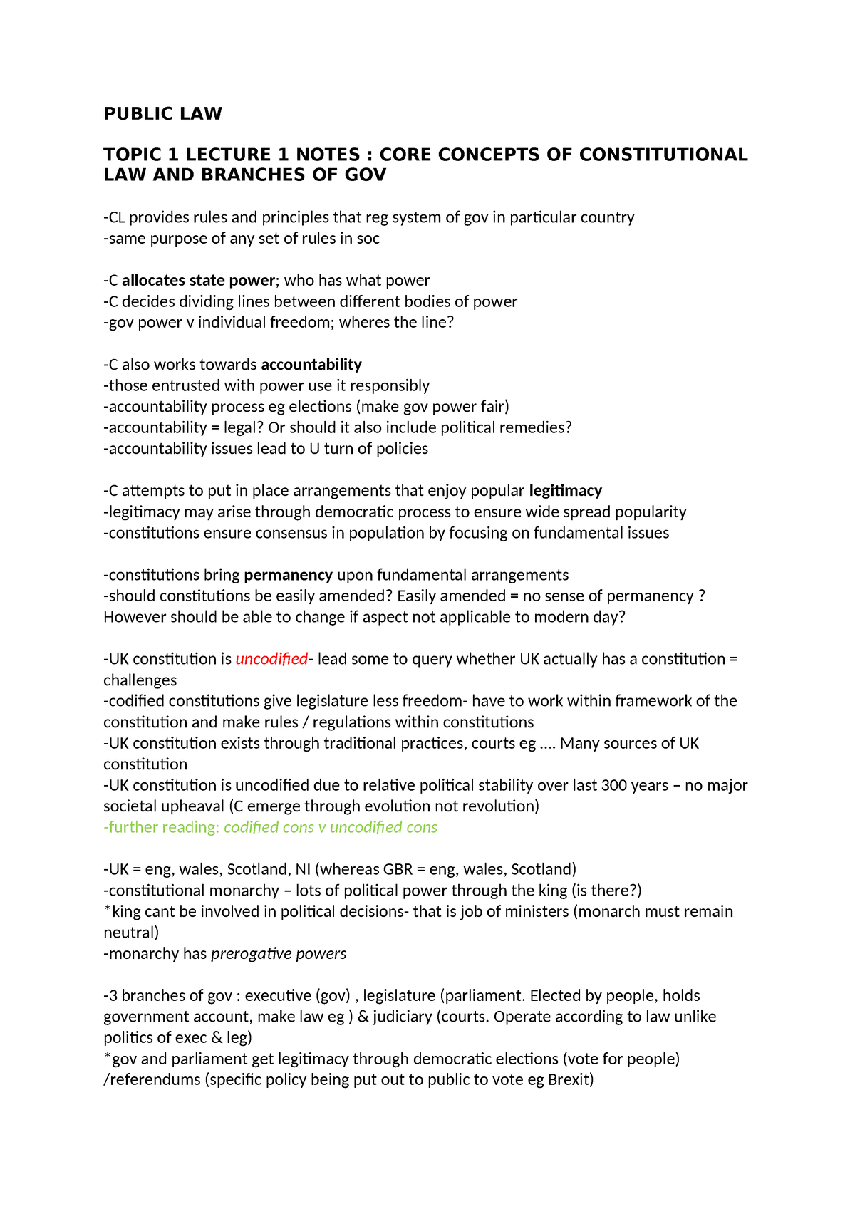 Uk Constitution Law - PUBLIC LAW TOPIC 1 LECTURE 1 NOTES : CORE ...