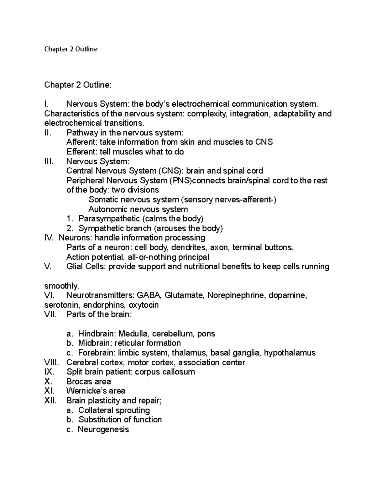 Chapter 2 Outline - Chapter 2 Outline Chapter 2 Outline: I. Nervous ...