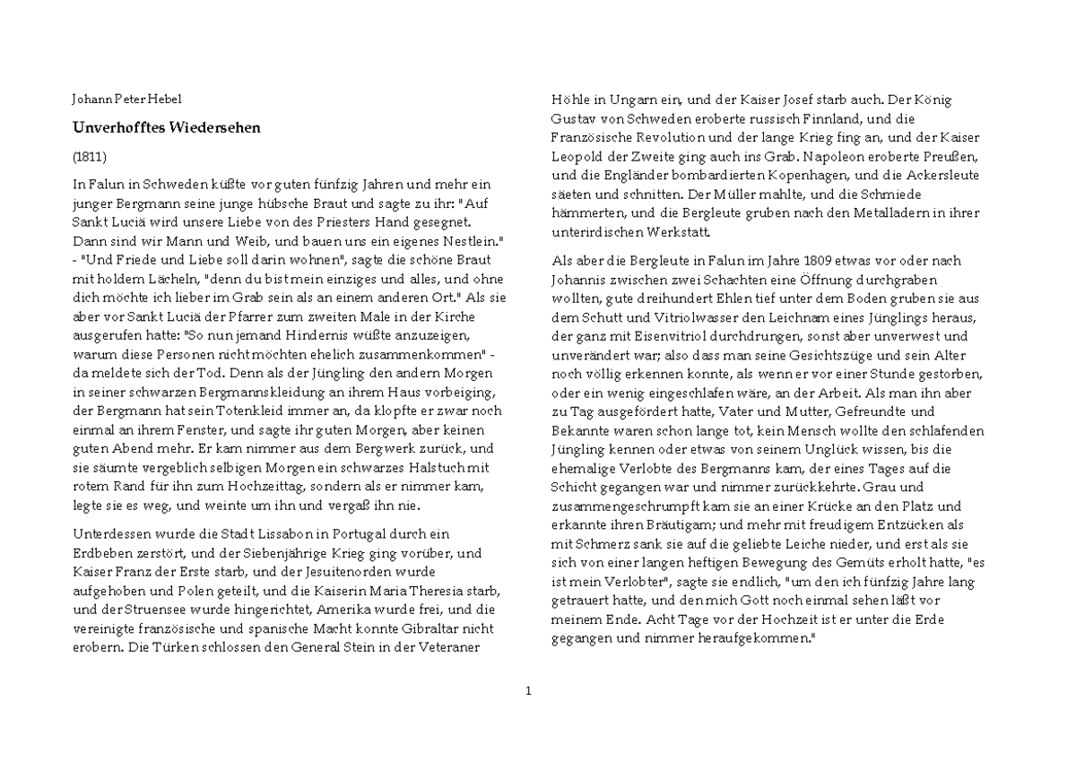 Unverhofftes Wiedersehen 1 Johann Peter Hebel Unverhofftes