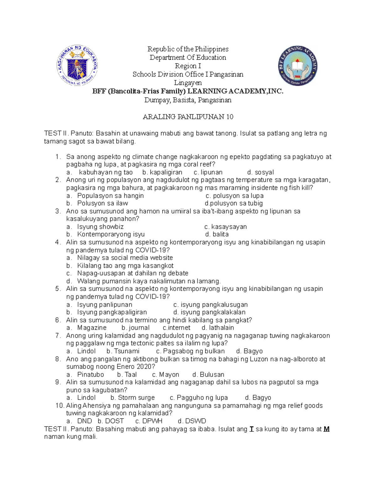 Aral - ... - Republic of the Philippines Department Of Education Region ...