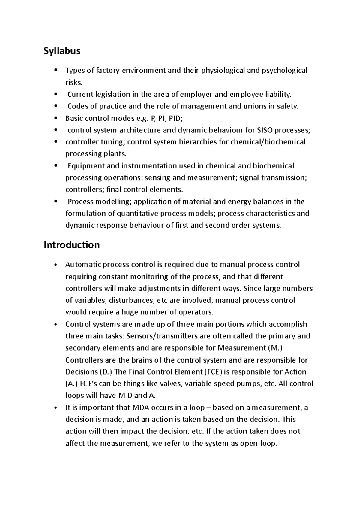 Book notes - Automated continuous process control - Syllabus Types of ...