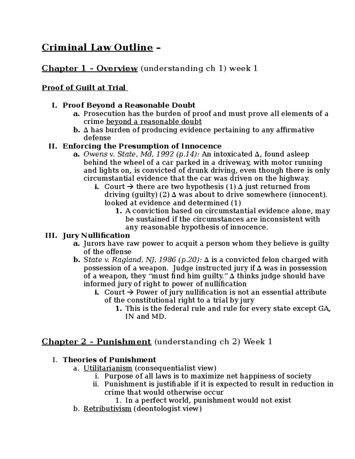 Criminal Law Outline - 1 - Criminal Law Outline – Chapter 1 – Overview ...