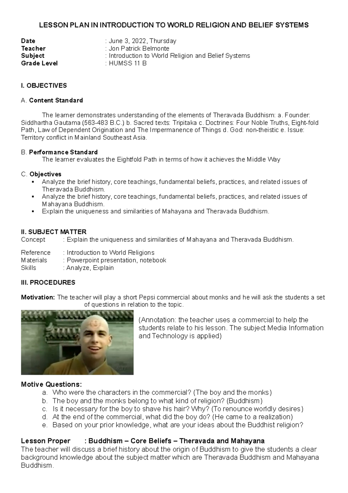 LP World Religion Buddhism - LESSON PLAN IN INTRODUCTION TO WORLD ...