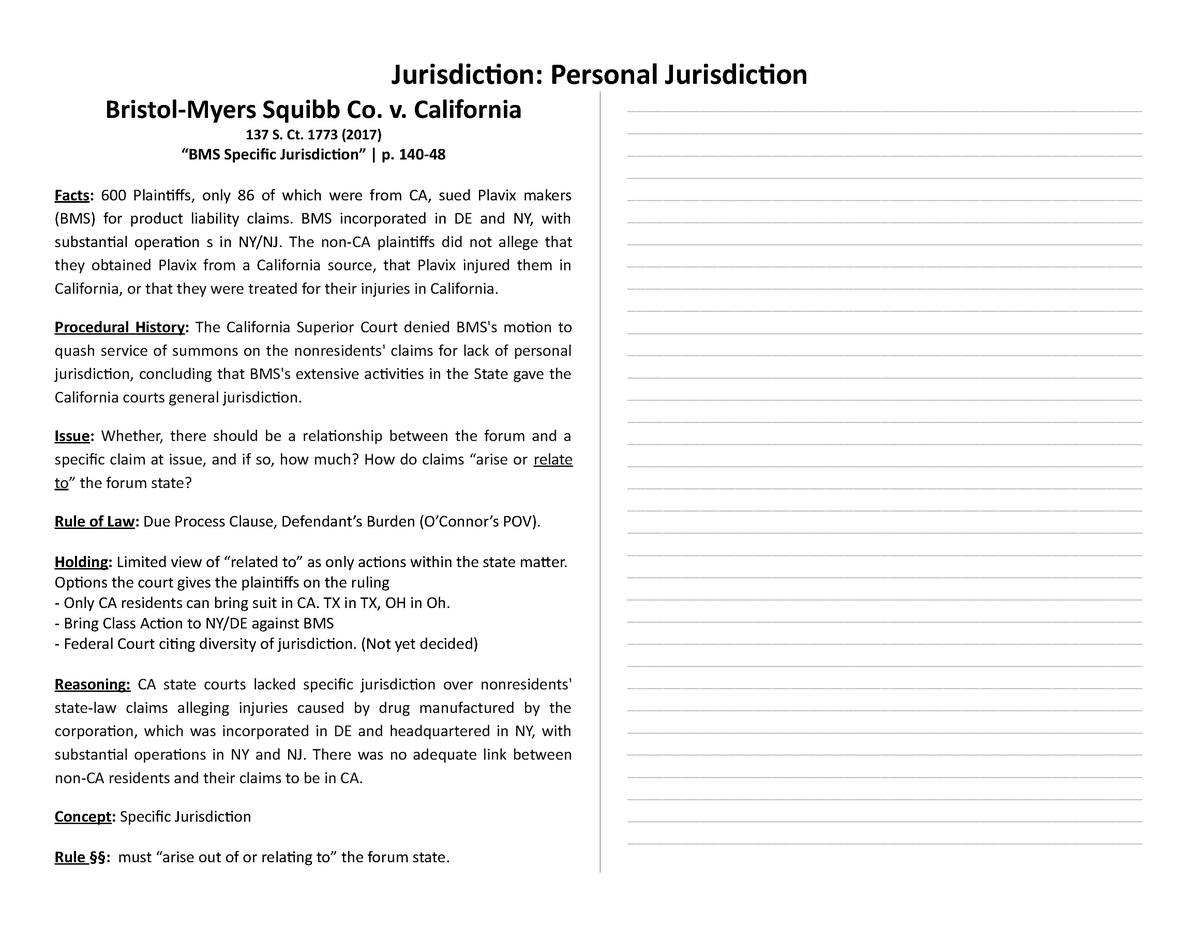 Bristol Myers Squibb v Superior Court Jurisdiction: Personal